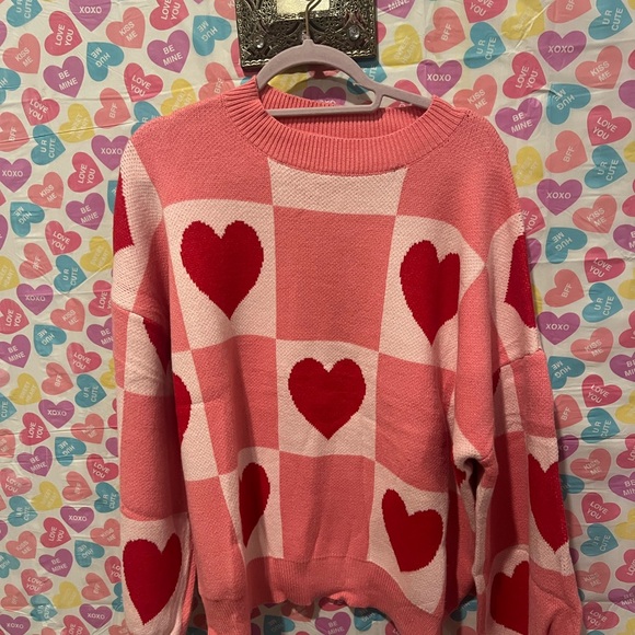 Sweaters - Valentines pink checkered and red hearts very hearts long sleeve sweater